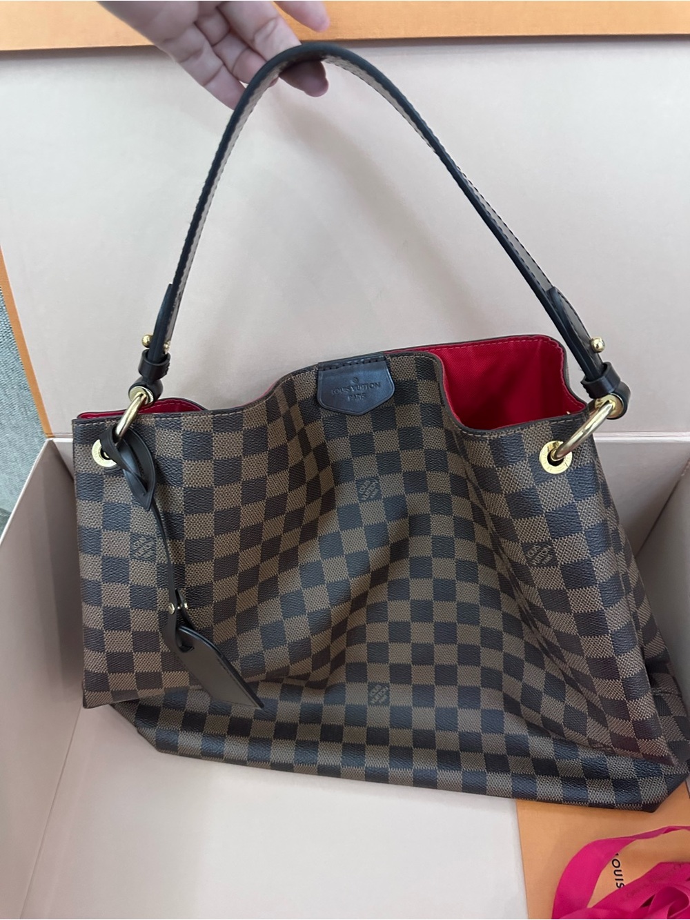 Louis Vuitton Brown Damier Ebene Shoulder Bag with Red Interior